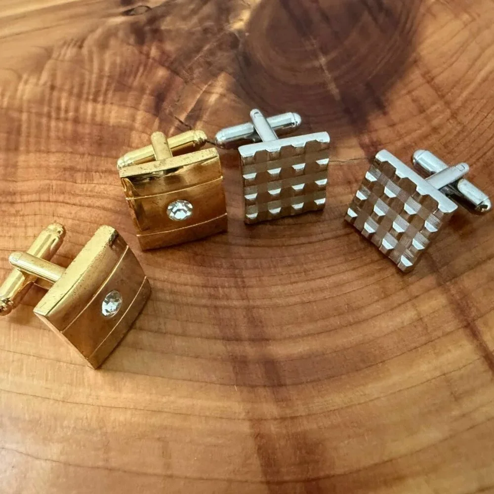 Lot of 2 Set Gold/Silver Tone Metal Square Cufflinks